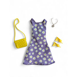 Barbie Doll Outfit Purple and Daisy Flower Dress Yellow Handbag and Shoes